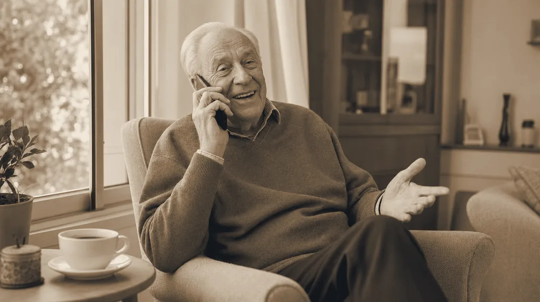 Idős férfi a fotelben, telefonon beszél, nevet és közben gesztikulál.